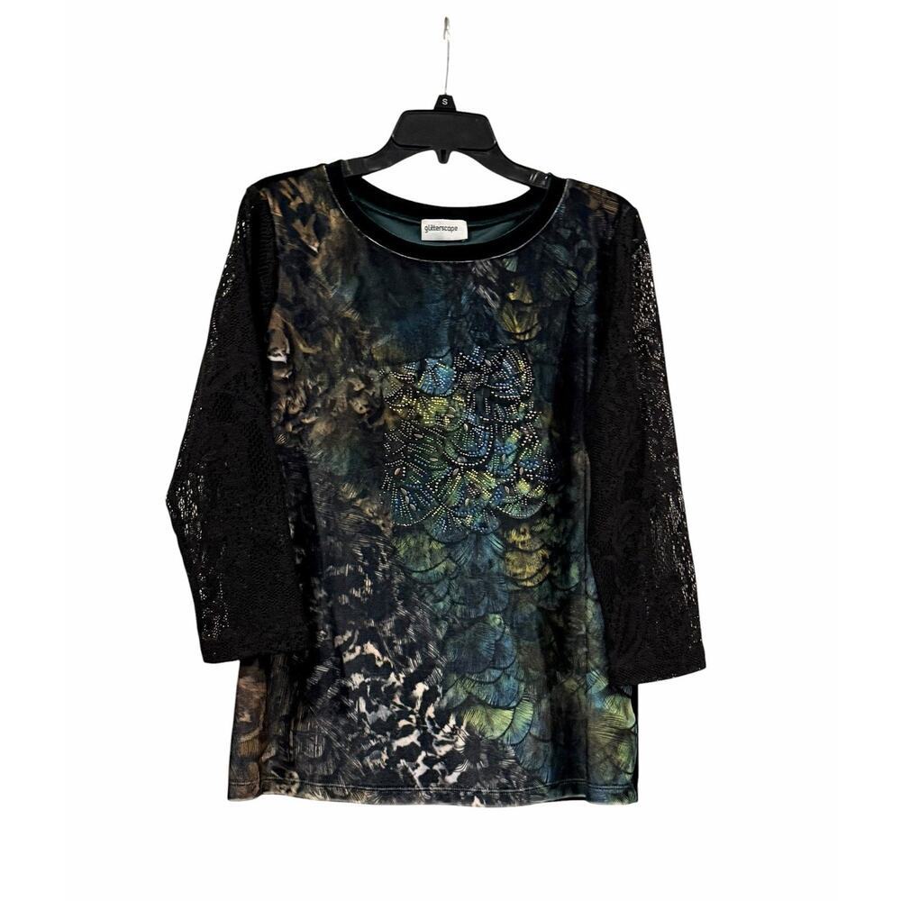 Women’s Glitterscape Peacock Print Embellished Top SZ L Lace Sleeves Velvet Back